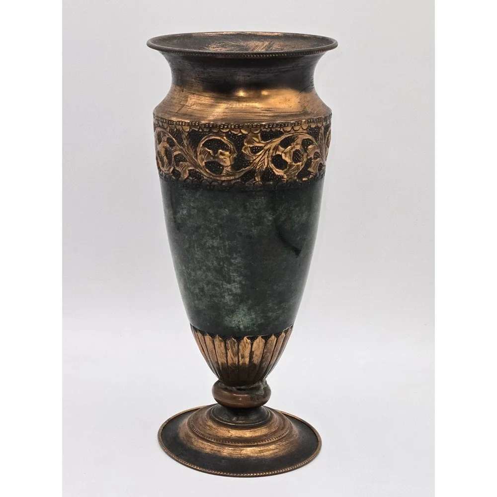 Hammered Copper Vase Israel Patina Finish Ornate Band Mid Century Decorative Urn